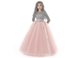 Vestido de Princesa para Meninas, com renda, longo, rosa, tamanhos 4 a 14 anos S/MARCA