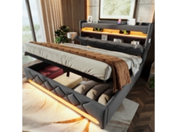 Polsterbett 180x200 Com Armário Hidráulico Usb Led Cinza Sem Colchão