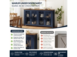 Buffet De Cozinha Largura 160cm Portas Envidraçadas, Grande Compartimento, Base Imitação Madeira E Dispositivo Anti-tombamento Multifunções