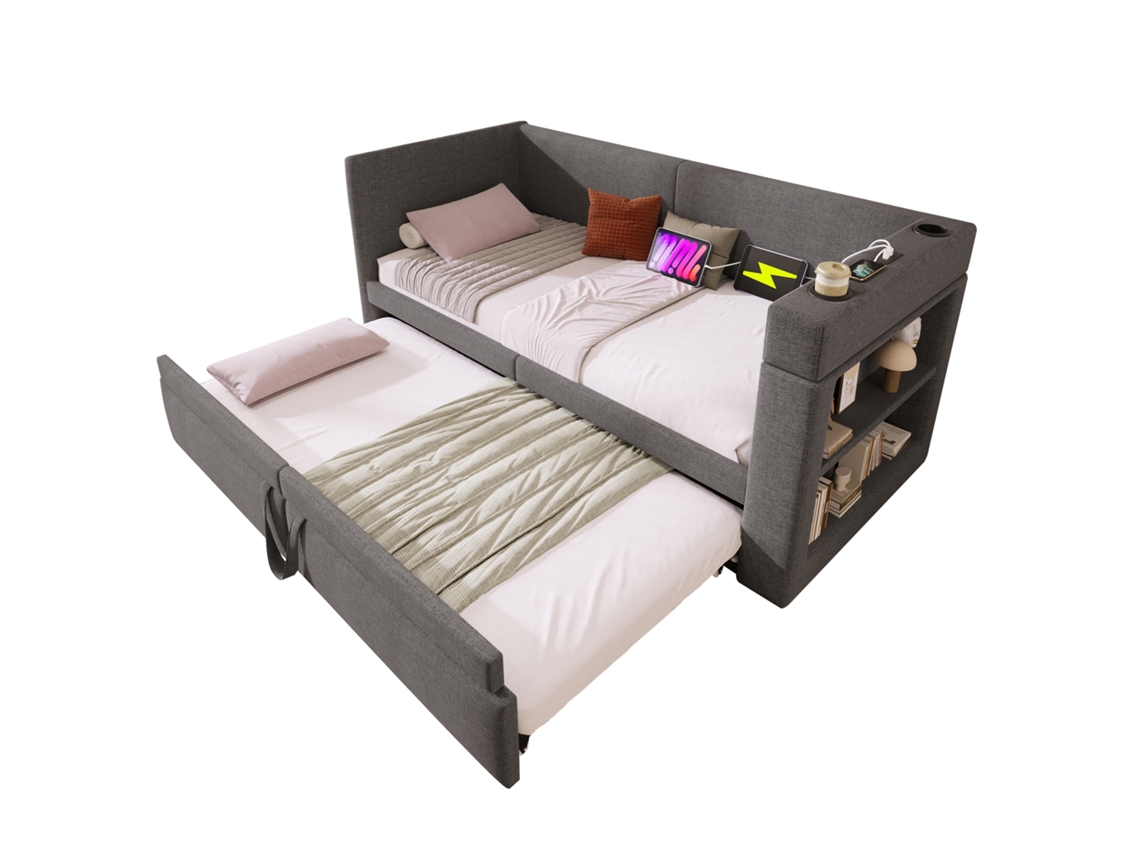 Sofá cama Retrátil 90x200 Cm, estofado Cinza em Linho, com Usb, tipo c e Porta copos, ideal para Espaços Pequenos PAPRIKA