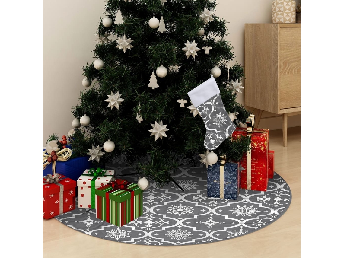 Vidaxl Saia De Árvore De Natal Luxuosa 90 Cm Com Meia Tecido Cinzento