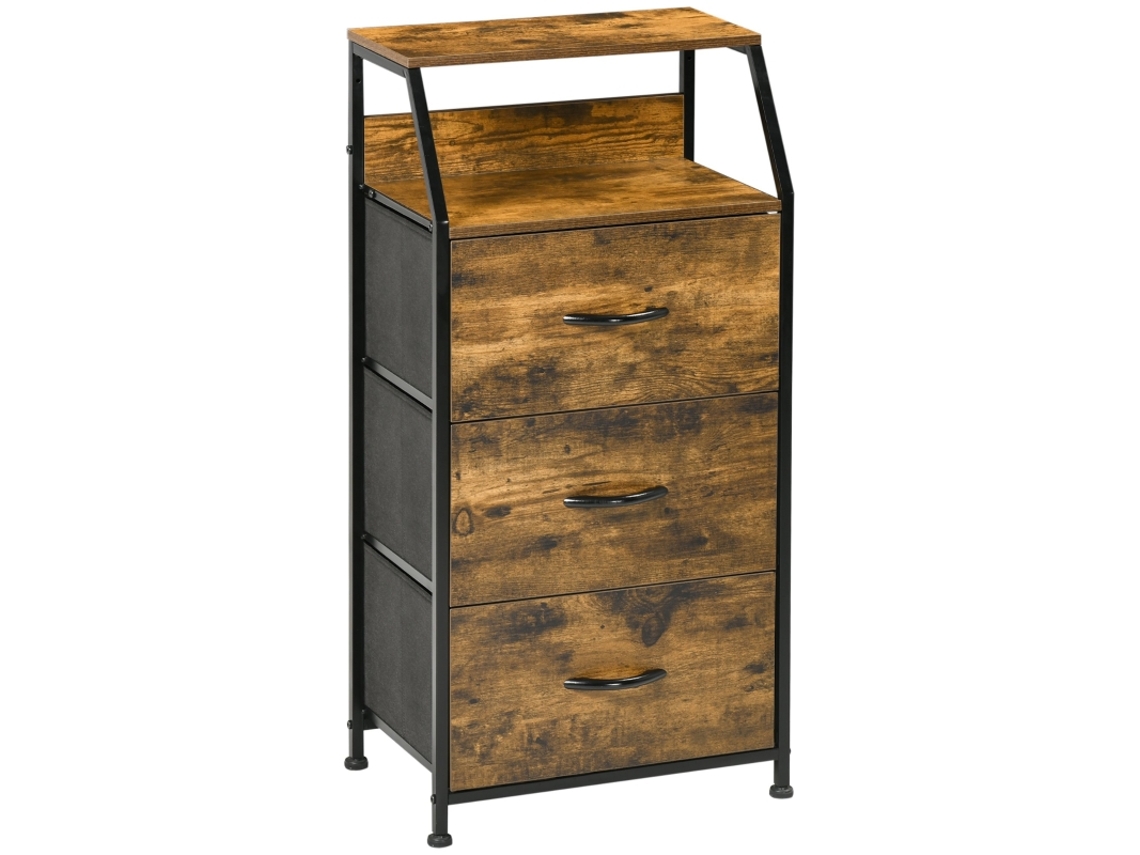 Cômoda com 3 gavetas, Prateleira Estrutura De Aço, Ideal para Quarto e Sala de Estar, na cor marrom rústico.