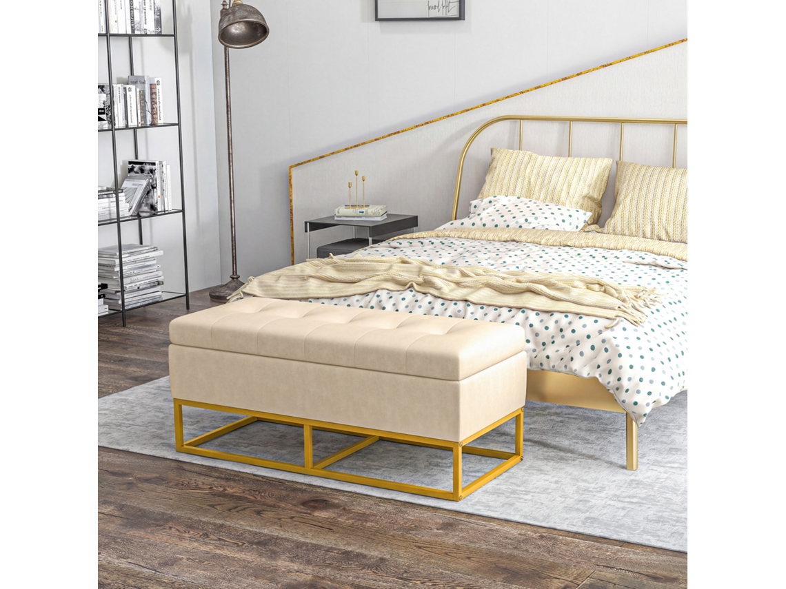 Banco Retangular Com Armazenamento, Assento Acolchoado, Pés De Aço, 110x44x49cm, Bege