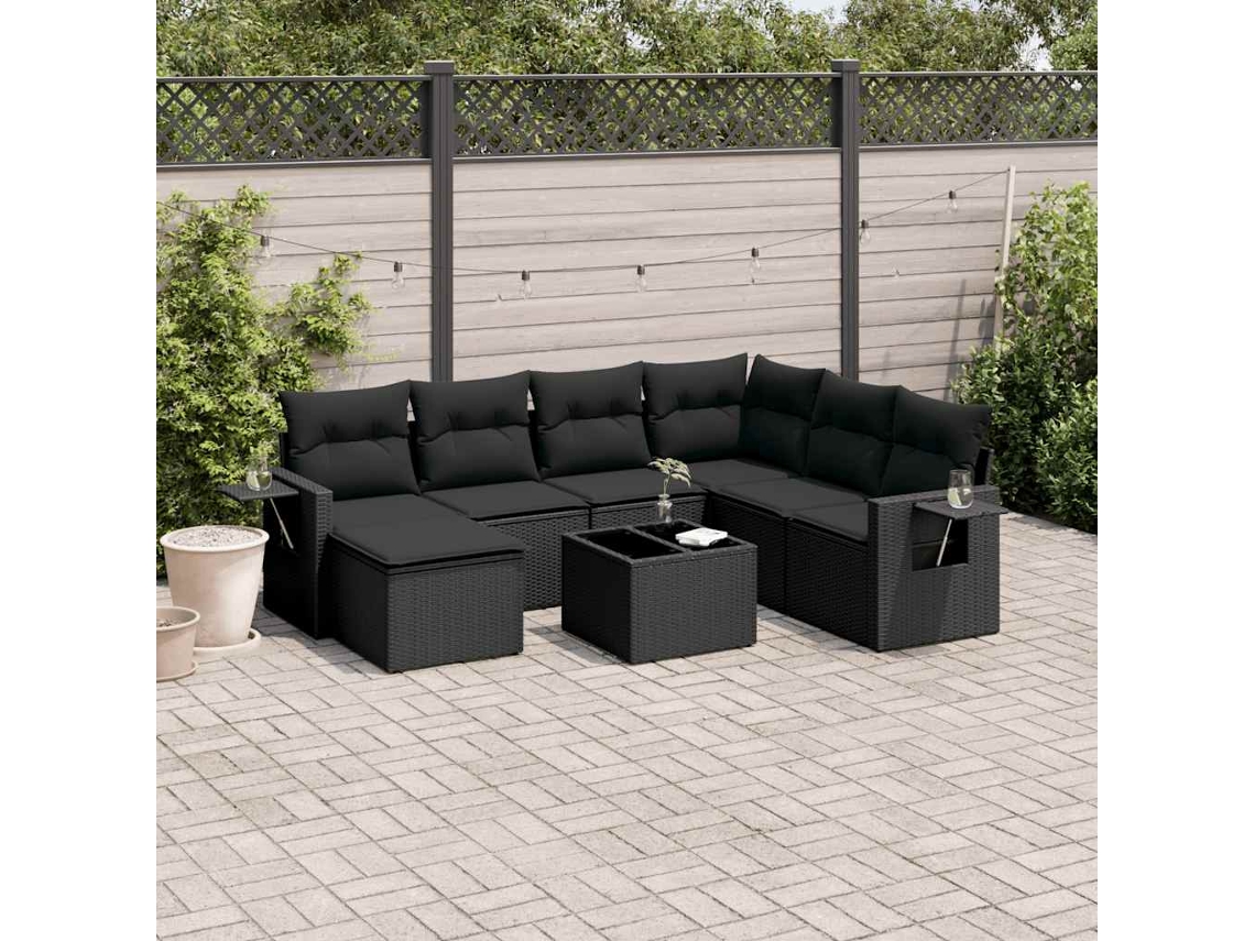 Vidaxl 8 Pcs Conjunto Sofás De Jardim Com Almofadões Vime Pe Preto