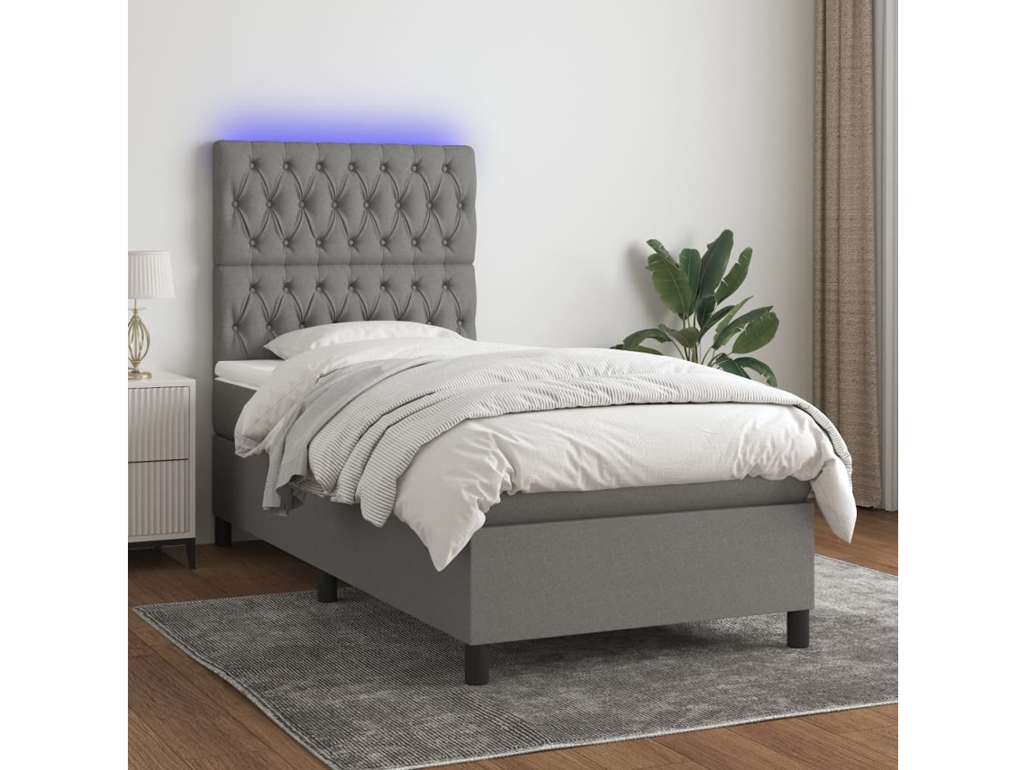 Vidaxl Cama Box Spring C/ Colchão e Led 100x200 Cm Tecido Cinza escuro