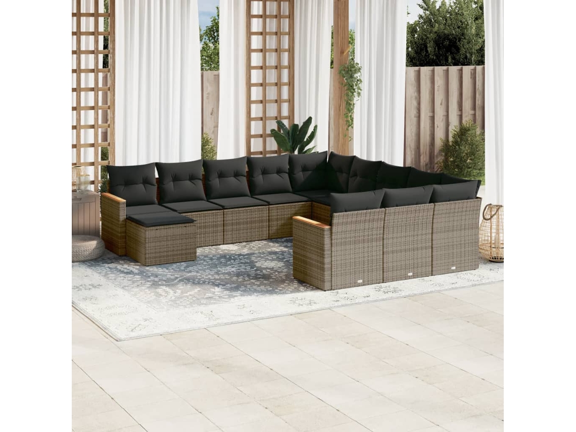 Vidaxl 12 Pcs Conjunto De Sofás Jardim C/ Almofadões Vime Pe Cinzento