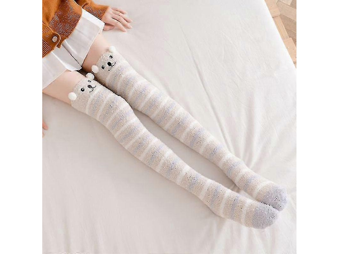 Meias De Lã Coral Macia Até O Joelho, Ideias Para O Inverno, Para Meninas E Mulheres. Meias Listradas Com Estampas De Animais Flufos E Desenhos Animados