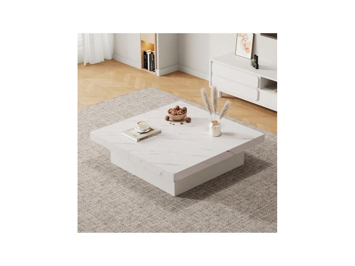 Mesa de centro quadrada moderna em branco com efeito mármore, 90 x 90 x 25 cm, quatro gavetas, tampo deslizante, capacidade de carga Liptaptyn