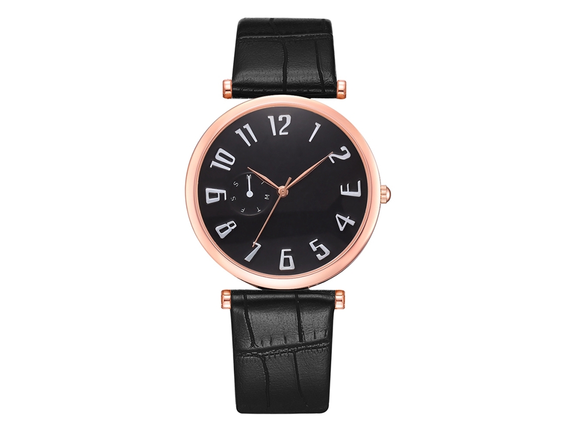 Relógio de quartzo casual e elegante para homens e mulheres com pulseira de couro PU (mostrador grande preto em tom ouro rosa).