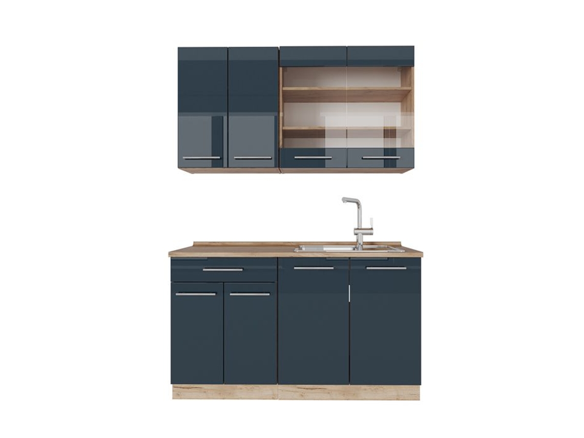 Cozinha Fame-Line, 140 cm sem bancada, azul escuro brilhante/carvalho dourado, VICCO