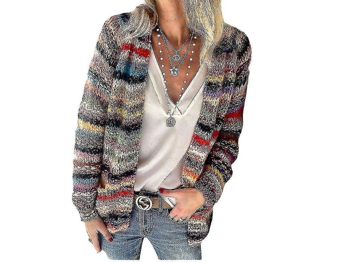 2026 cardigan de Punto Cable para Mulher com Manga Longa, Patch e Listras, Casual e Solto