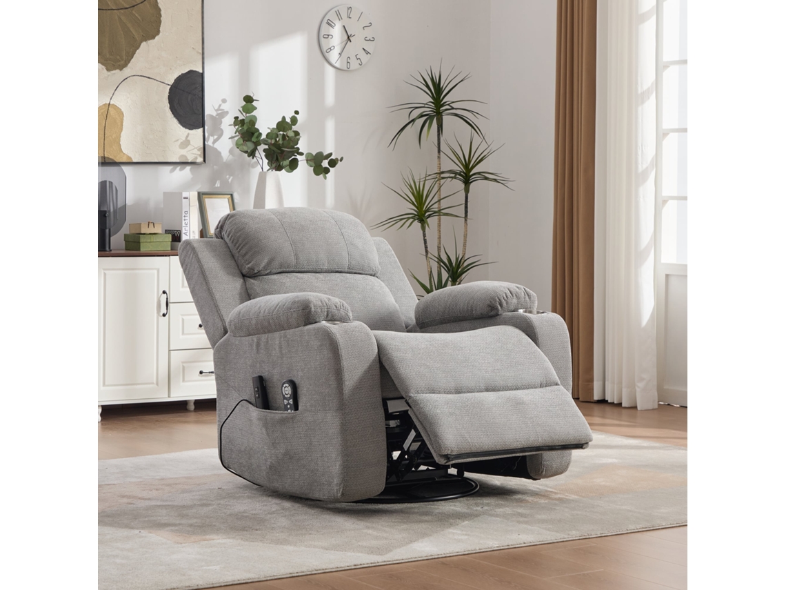 Poltrona Relax NOVELA elétrica giratória, massagem, aquecimento, reclinável, apoio extensível, porta copos, bolsos, cinzenta