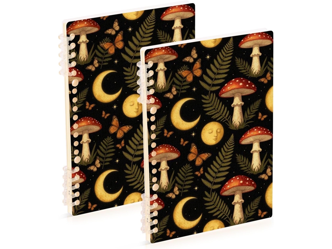 Conjunto de 2 Cadernos Espiral Vintage, Tamanho A5, com Estampa Cogumelo e Lua, 21,1 X 14,5 Cm, Capa Dura, 60