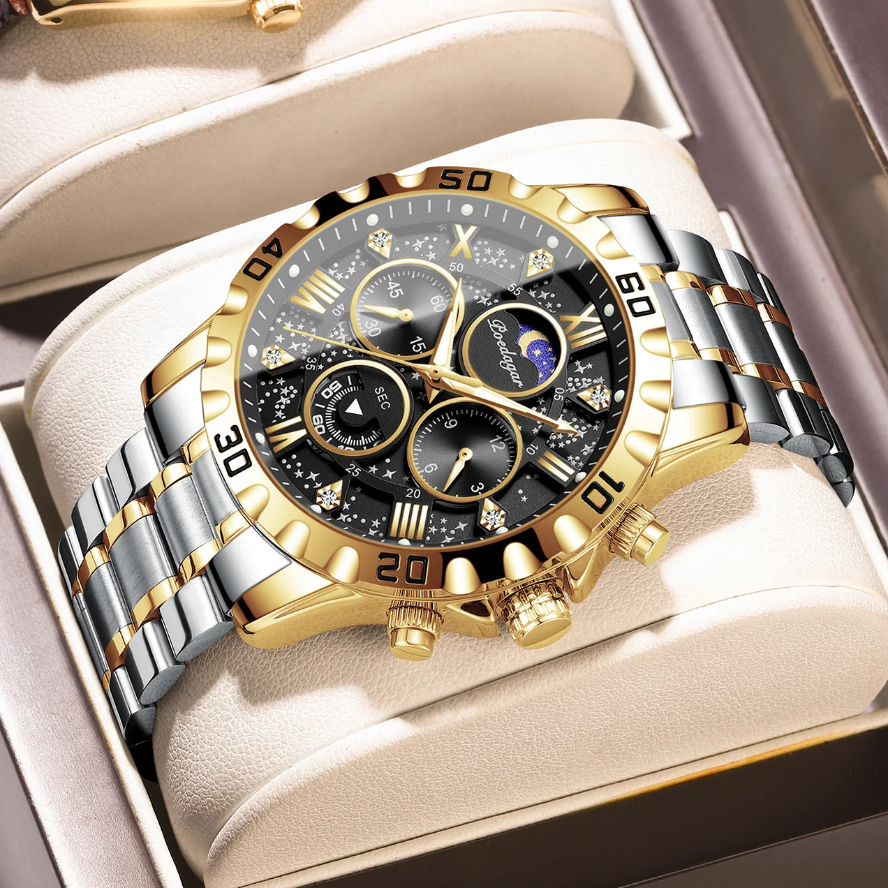 Relógio Masculino Elegante Para Negócios (dourado E Preto), À Prova D'água, Cronógrafo Luminoso.