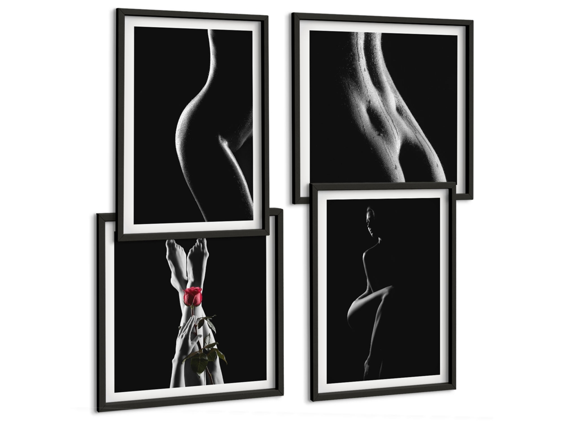 Quadros Decorativos Para Parede Flores, Crânio, Retrato Da Mona Lisa Moldura Preta Quadros Para O Escritório Espelharte (conjunto De 4 Imagens)