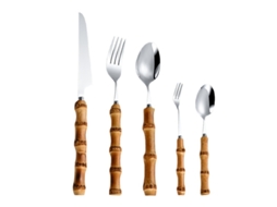 Conjunto De Utensílios De Mesa Em Aço Inoxidável Com Cabo De Bambu 5 Peças Prata