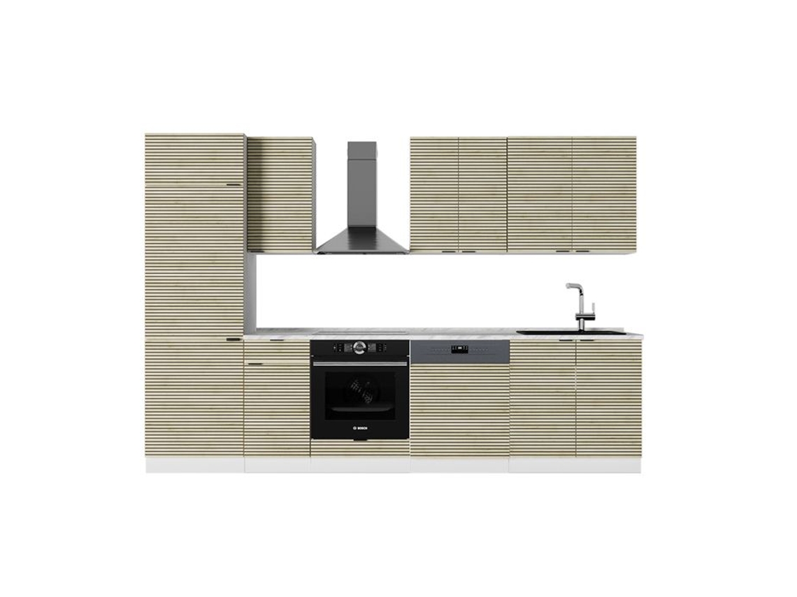 Linha De Fama Da Cozinha, 300cm, Pt Mármore, Carvalho Lambris/branco, Branco, Vicco