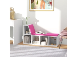 Biblioteca Banco 2 Em 1 Com 5 Compartimentos De Arrumação E 2 Almofadas, 108 X 30 X 60 Cm, Branco E Rosa.