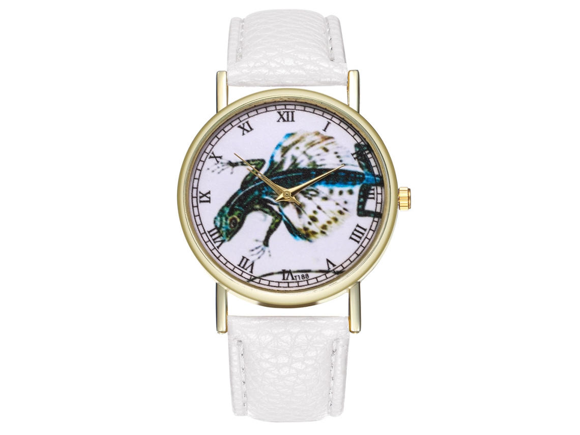 Reloj Casual De Moda Para Hombre Y Mujer Lagarto Volador Cuarzo Con Correa De Cuero Blanco