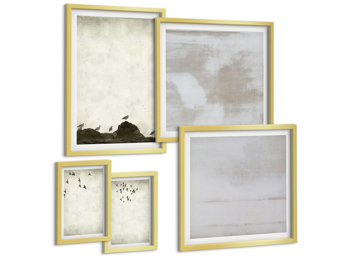 Conjunto De Pinturas Paisagem De Montanha, Lago, Píer Moldura Dourada Imagens Para Um Quarto Infantil Espelharte (conjunto De 5 Imagens)