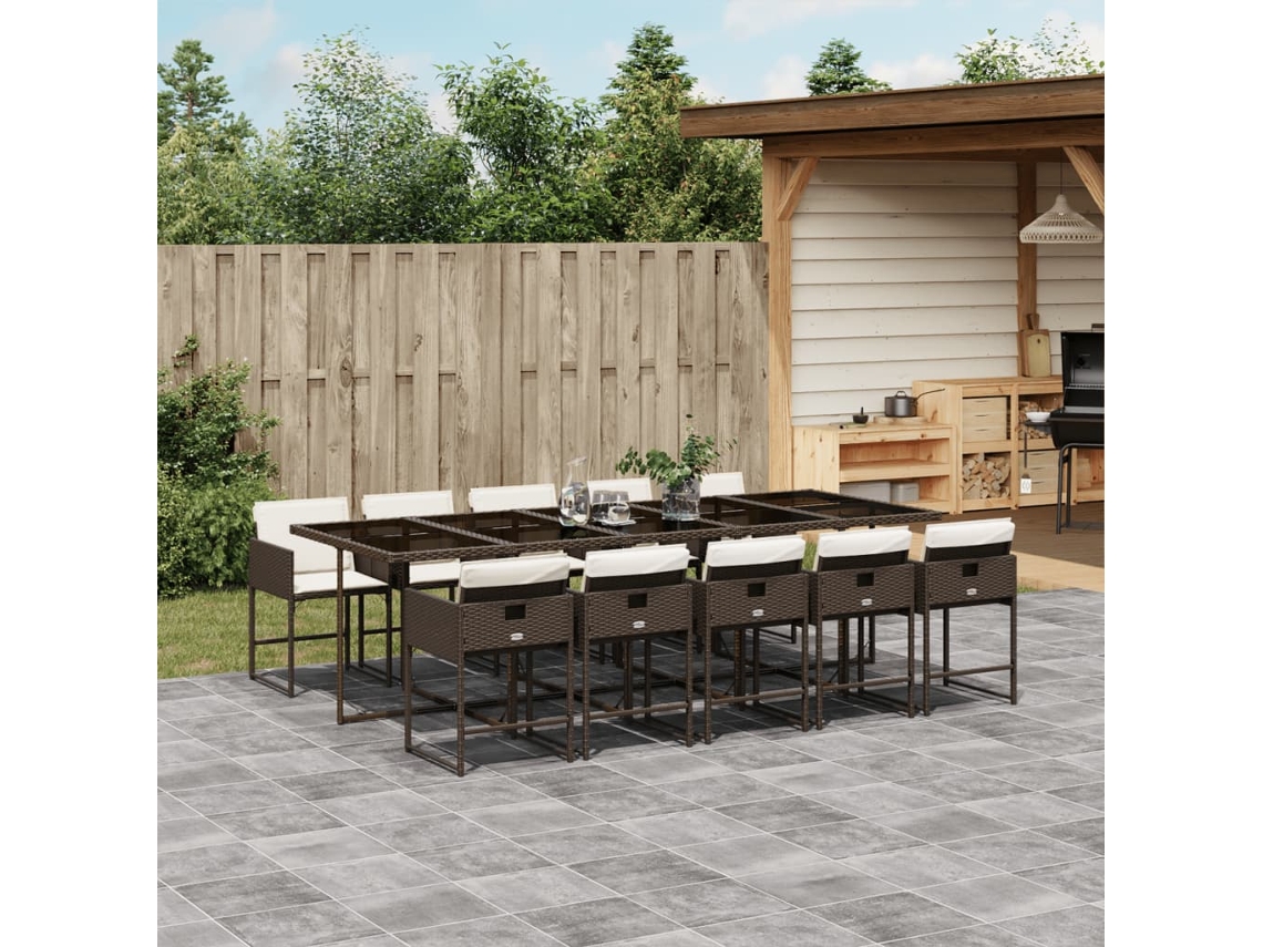 Vidaxl 11 Pcs Conjunto Jantar P/ Jardim C/ Almofadões Vime Pe Castanho