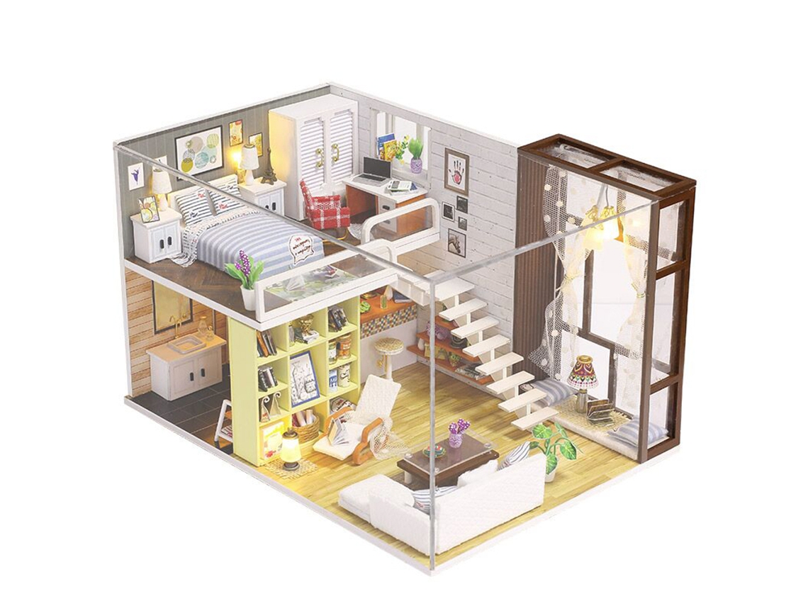 Casa de Bonecas Miniatura com Móveis e Luzes Led