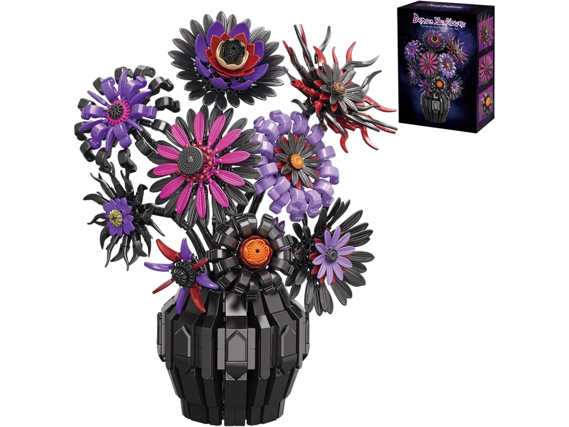 Conjunto Da Construção Do Buquê Com Vaso, Flores De Tournesol Violetas Em Briques, Jeu De Construção Decoração Flores Artificiais À Faire Soi-même
