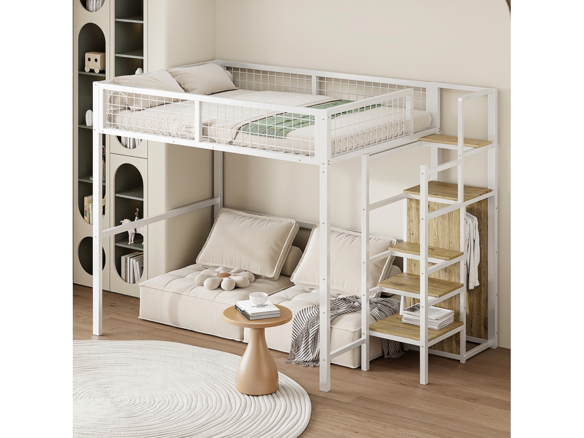 Beliche 140x200 Cm Com Escada, Cama Infantil De Ferro Com Prateleiras E Guarda-roupa Branco.
