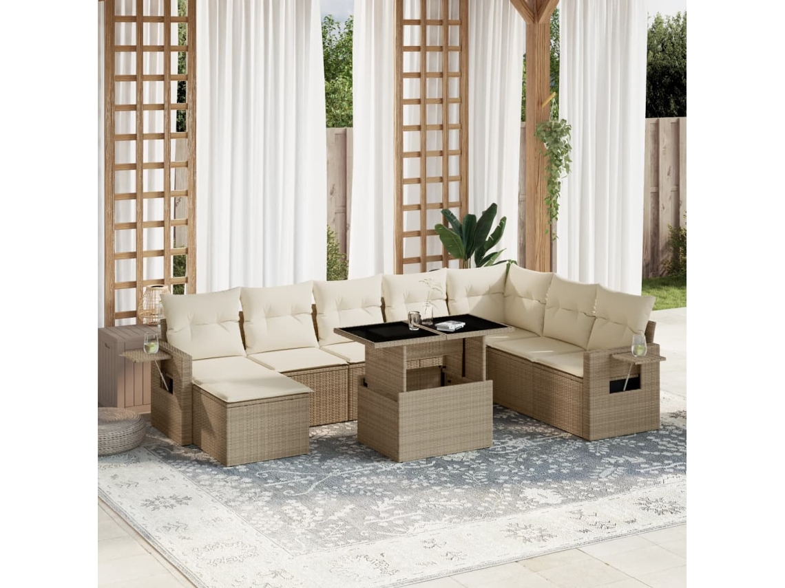 Vidaxl 9 Pcs Conjunto De Sofás P/ Jardim Com Almofadões Vime Pe Bege