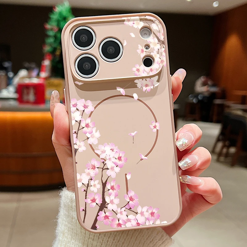 Capa Magnética Rígida Com Estampa Floral Rosa Dourada Para Iphone 17 Pro Max.