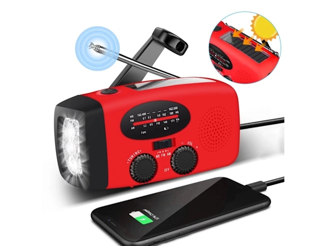 Rádio Solar AQUAFORGE com Manivela, Bateria 5000mAh, Am/fm, Lanterna LED e Função Meteorológica