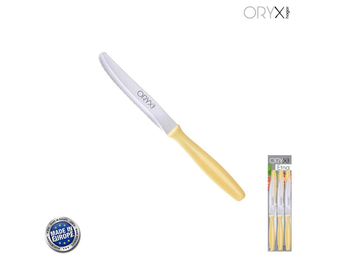 Faca de Cozinha de Mesa Etna Lâmina Serrada Aço Inox 10 cm Amarelo (Blister 6 Peças) ORYX