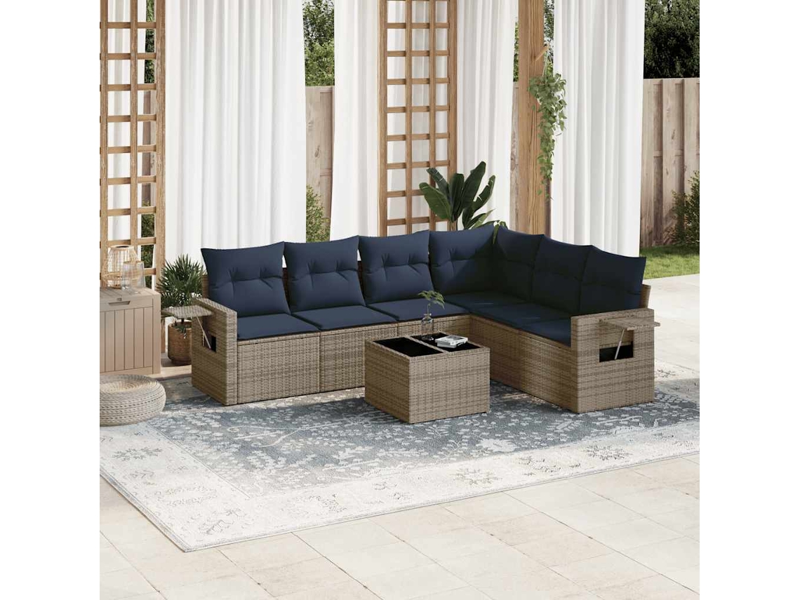 Vidaxl Conjunto De Sofá De Jardim Com 7 Peças E Almofadas Em Rattan Sintético Cinza