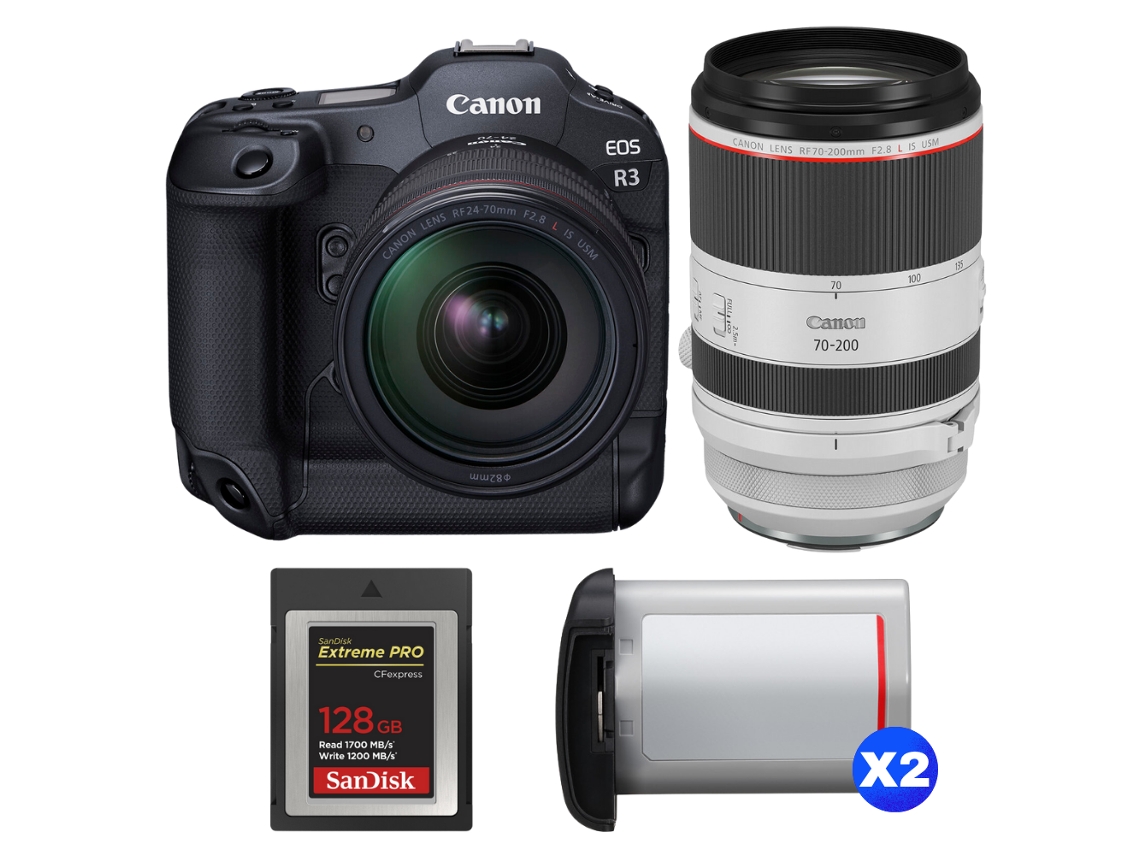 Eos R3 + Rf 24 70mm F/2.8 L Is Usm + Rf 70 200mm F/2.8 L Is Usm + 1 Sandisk 128gb Extreme Pro Cfexpress Type B + 2 Canon L + Ebook Pricedirect CANON