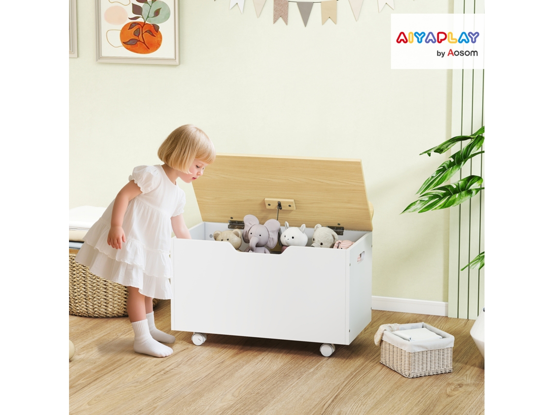 Baú De Brinquedos Com Rodas Com Tampa Abatível E Dobradiça De Segurança Desenho De Nuvem 59x30x53 Cm Branco E Madeira