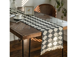 Runner de mesa Nova Line boho com franges, 35x180cm, xadrez preto e branco | S/MARCA