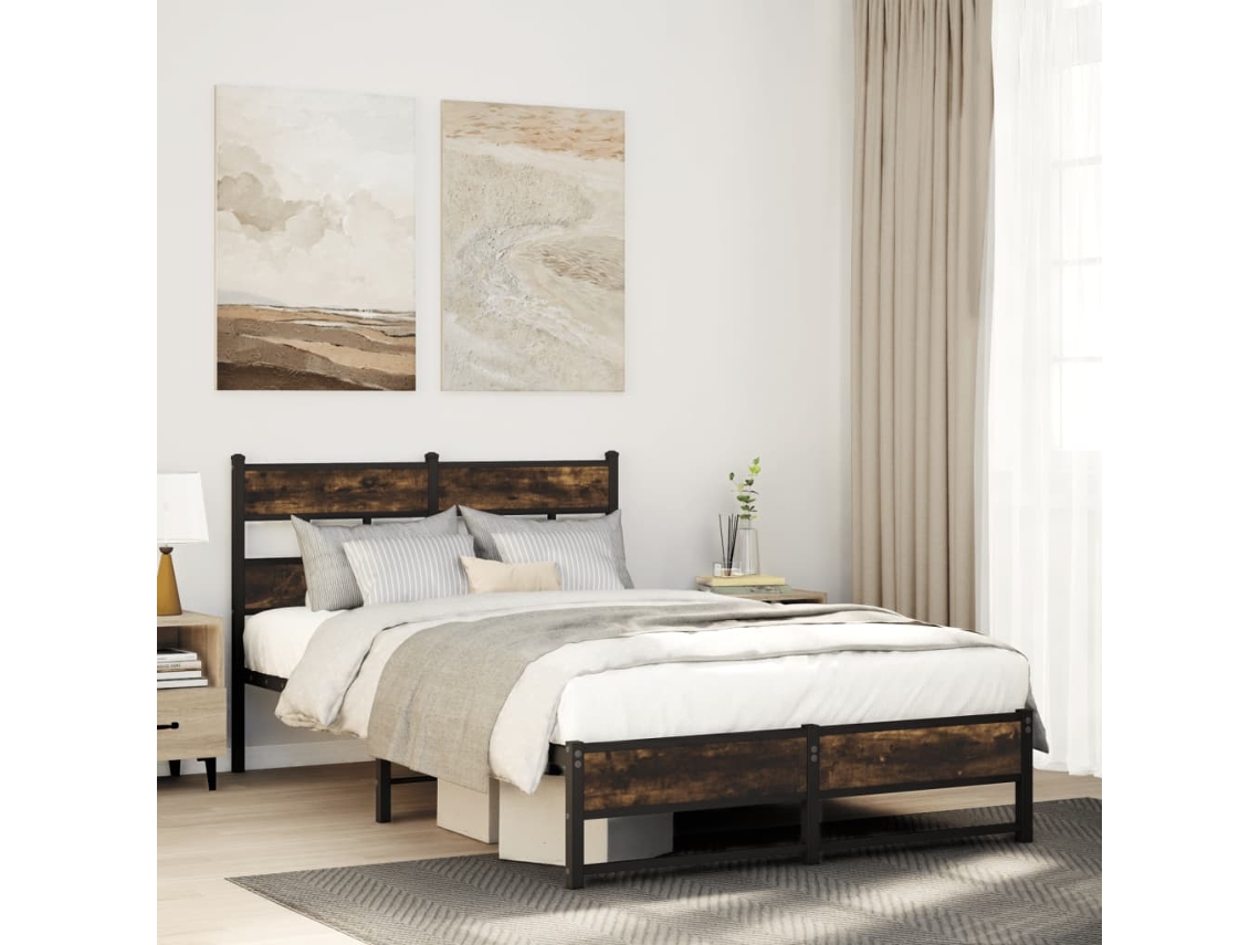 Vidaxl Estrutura De Cama Sem Colchão 120x190 Cm Metal Carvalho Fumado