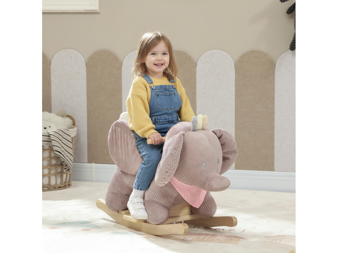 Balanço de Madeira Forma de Elefante com Sons Interativos, Marrom, 65x35x50cm, para Crianças de 1,5 a 3 Anos
