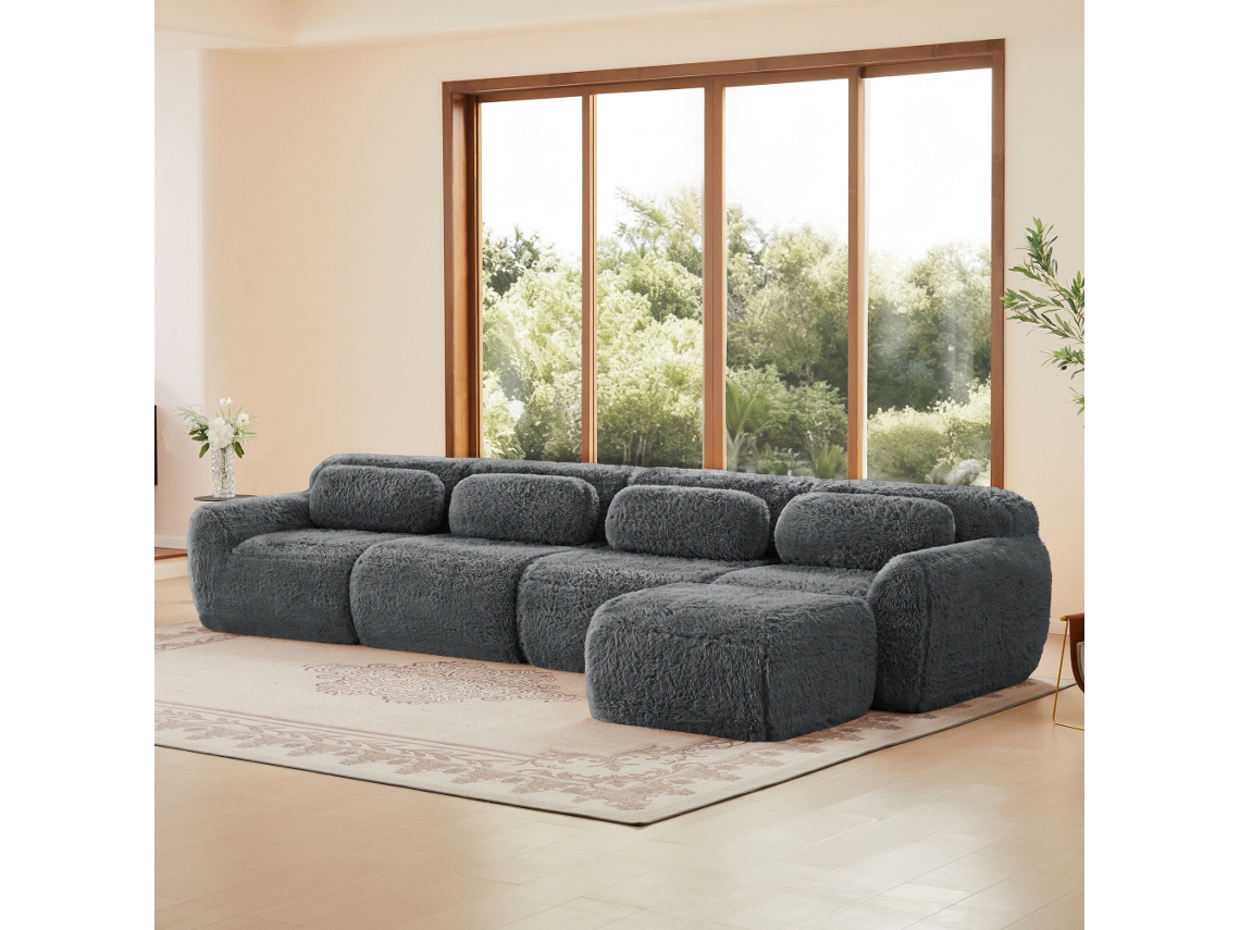 Sofá Modular L 4 Lugares , Estilo Chaise, Tecido Macio Premium, Sem Montagem, Cinza