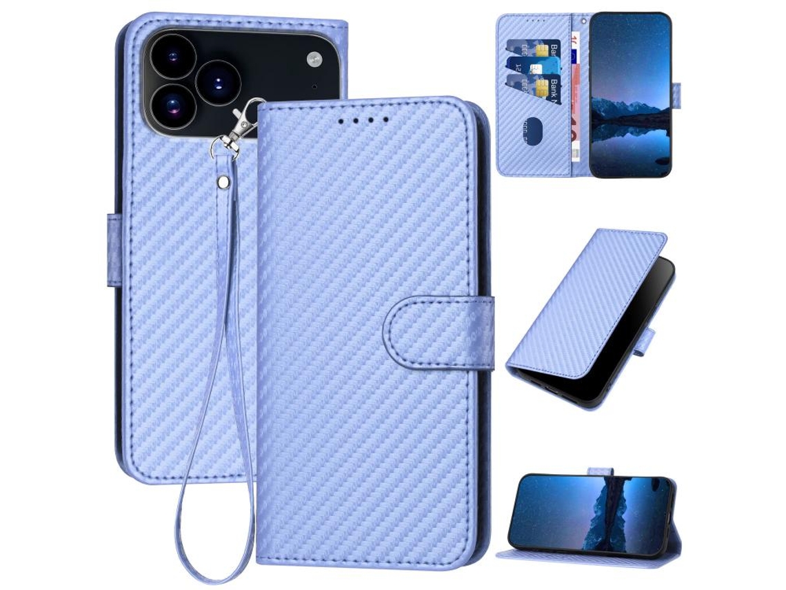 Capa De Couro Para Iphone 17 Pro - Fivela Em Fibra De Carbono - Com Cordão