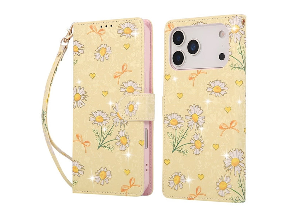 Capa Para Iphone 17 Pro Max Em Couro Amarelo Com Proteção Rfid E Estampa De Margaridas.