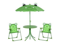 Conjunto De Mesa De Jardim Com 2 Cadeiras Dobráveis, Mesa De Centro E Guarda-sol Infantil Em Metal E Poliéster, Verde.