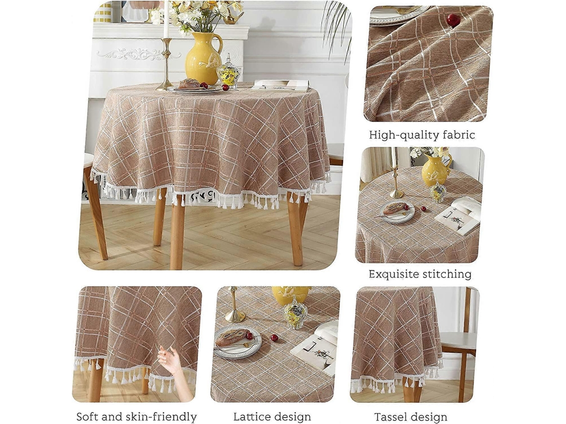 Rebe mantel Redondo de Algodón Y Lino Antimanchas Con Flecos Lavable Protector de Mesa 140x140cm