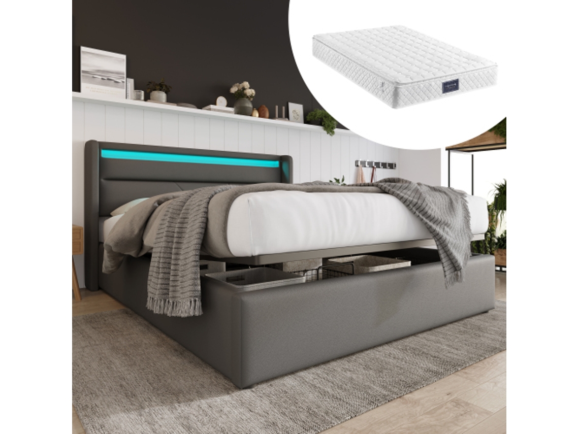 Cama hidráulica com luz LED, arrumação e faixa, estrutura de cama de casal, cama trançada, 160x200cm, cama funcional, lona (colchão incluído).