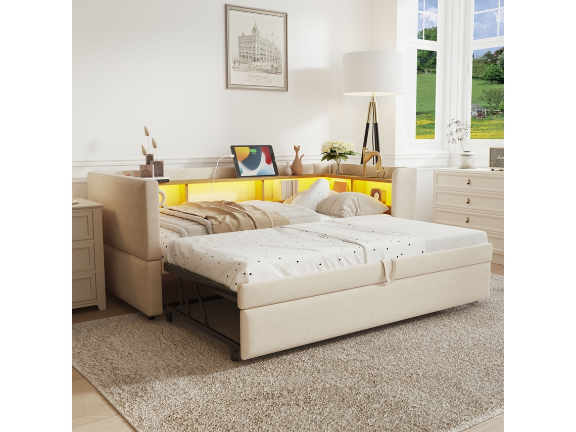 Cama Estofada Bege 90/180x190cm, Led, Tomadas, Compartimentos, Sofá-cama Multifuncional.-op