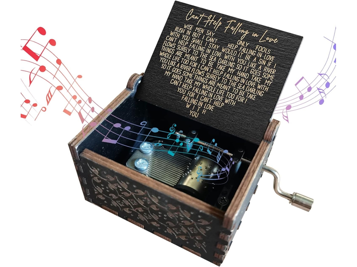 Caixa de Música Vintage de Madeira AQUAFORGE Feita à Mão com Gravuras e Manivela Esculpida (não especificado)