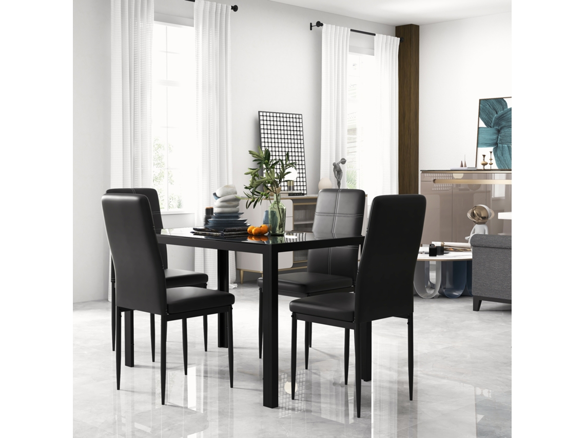 Conjunto De Jantar Com Mesa E 4 Cadeiras, 5 Peças, Mesa Retangular De Vidro Temperado E Cadeiras Estofadas Em Pu, Preto