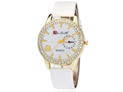 Relógio feminino de luxo Zhoulianfa com strass, mostrador analógico de quartzo e pulseira de PU branca.