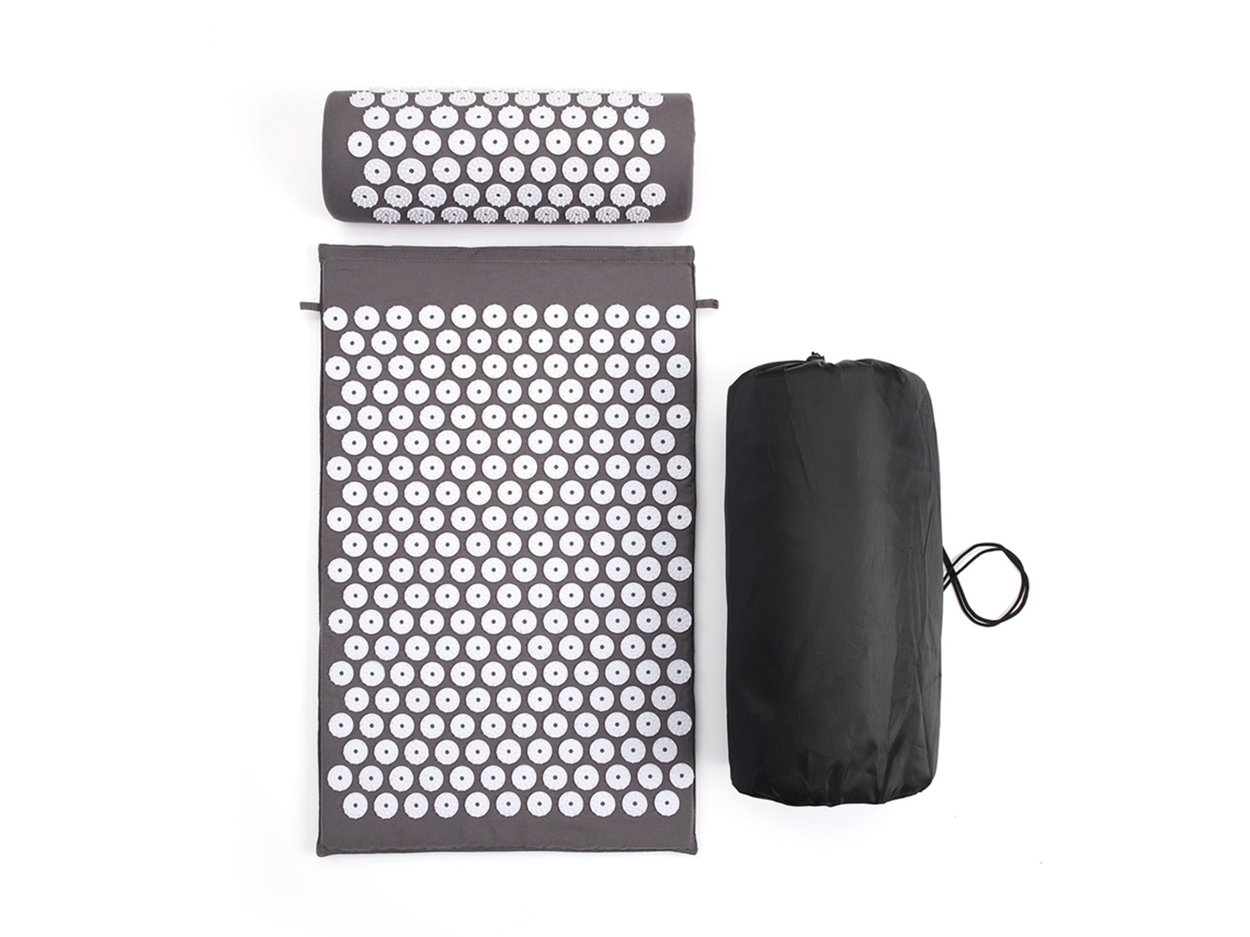 Tapete Acupressão Cinza Branco com Almofada e Bolsa para Relaxamento Alívio Dor ZYBLSSBB