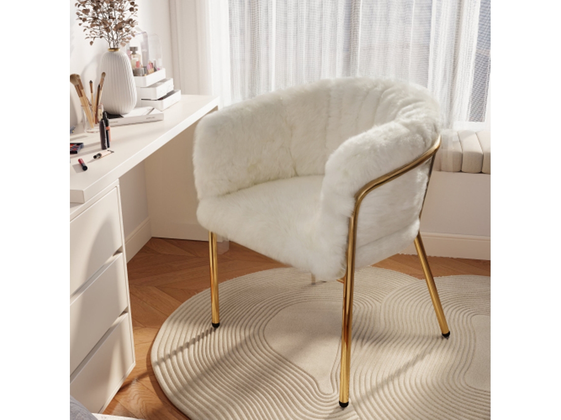 Cadeira De Lazer Individual Para Quarto E Sala, Design Luxuoso E Leve, Apoio Em Metal, Estofado Em Pelúcia Imitação De Pele De Coelho, Cor Bege